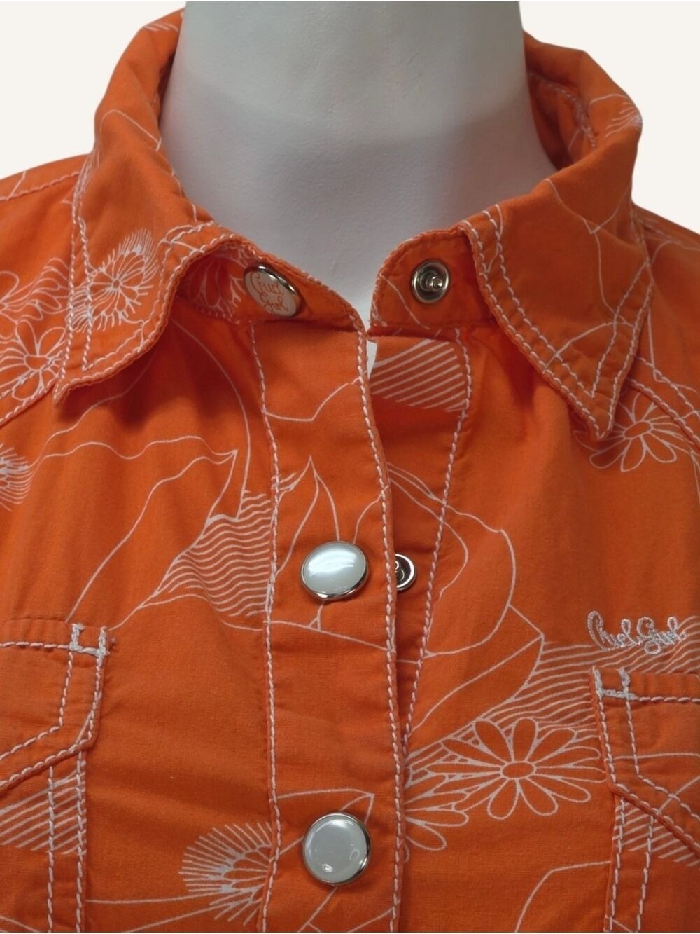 Cruel Girl M Orange White Floral Pearl Snap Western Rodeo Shirt EUC - Picture 7 of 12